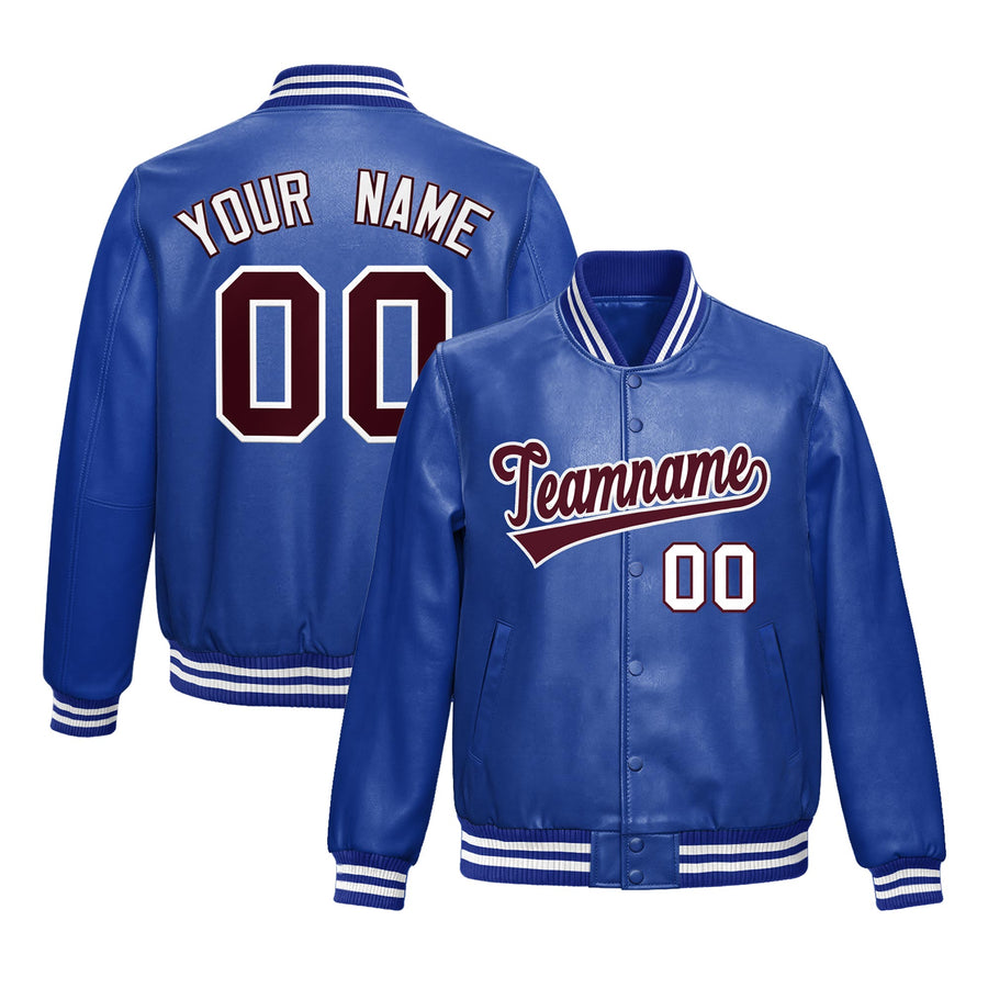 Custom Royal Blue Crimson Full-Snap Varsity Faux Leather Letterman Jacket | BuyFootballJersey