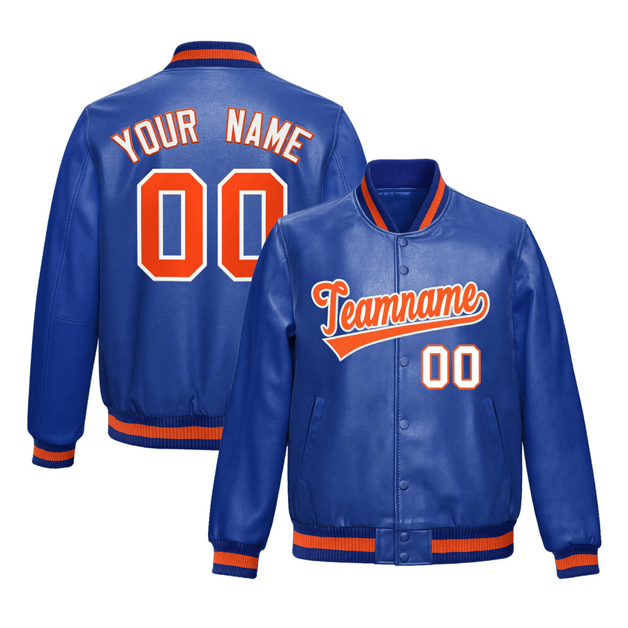 Custom Royal Blue Orange Full-Snap Varsity Faux Leather Letterman Jacket | BuyFootballJersey