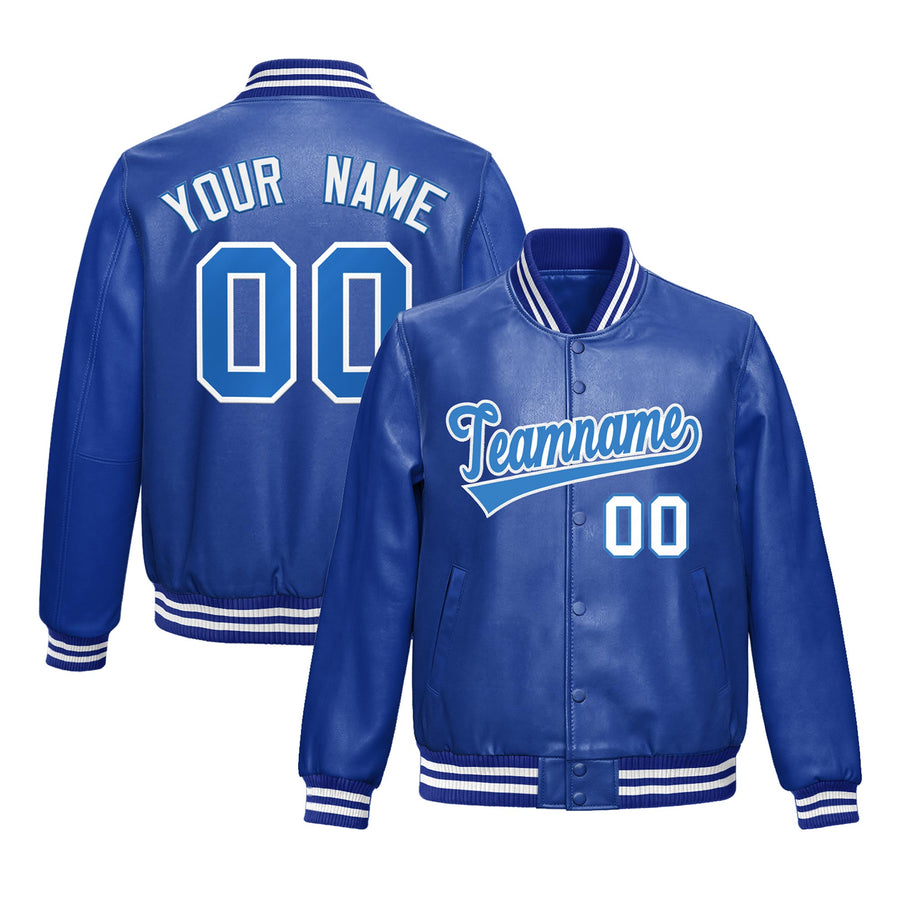 Custom Royal Blue Light Blue Full-Snap Varsity Faux Leather Letterman Jacket | BuyFootballJersey