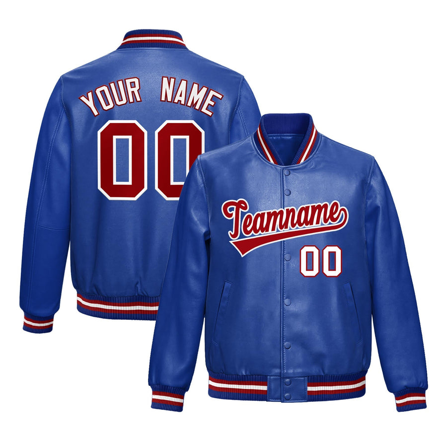 Custom Royal Blue Red White Full-Snap Varsity Faux Leather Letterman Jacket | BuyFootballJersey