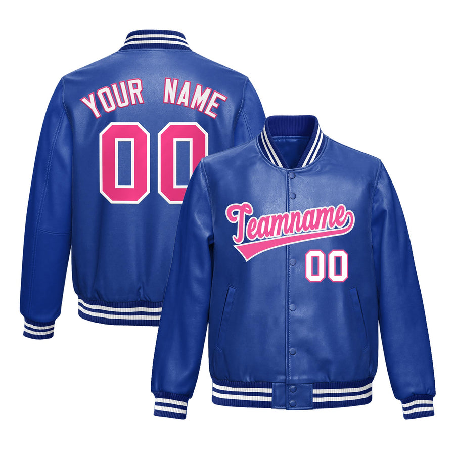 Custom Royal Blue Pink Full-Snap Varsity Faux Leather Letterman Jacket | BuyFootballJersey