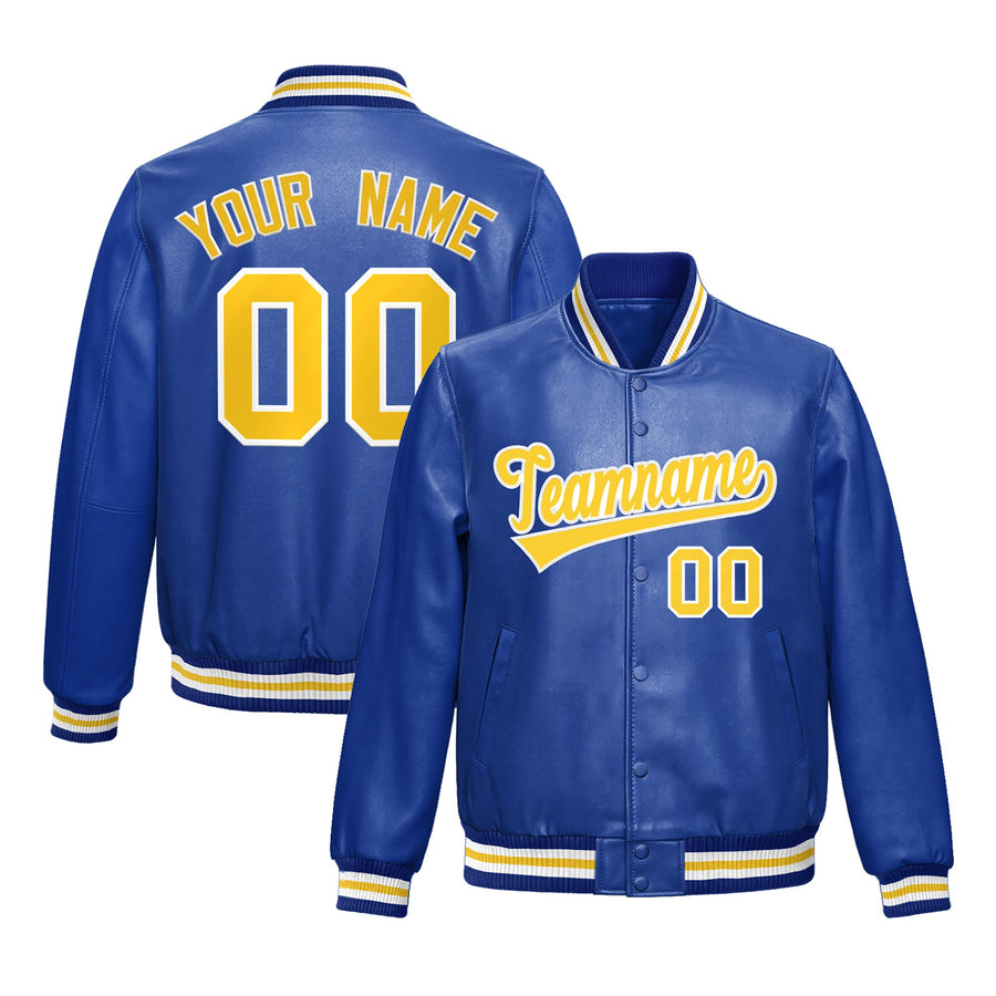 Custom Royal Blue Gold Full-Snap Varsity Faux Leather Letterman Jacket | BuyFootballJersey