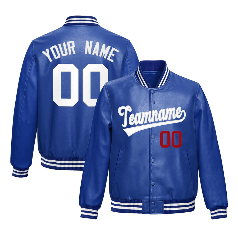 Custom Royal Blue White Full-Snap Varsity Faux Leather Letterman Jacket | BuyFootballJersey