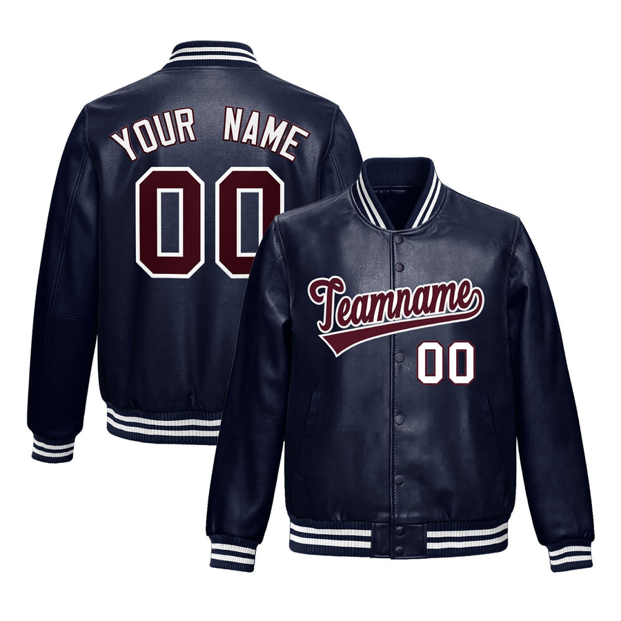 Custom Navy Crimson Full-Snap Varsity Faux Leather Letterman Jacket | BuyFootballJersey
