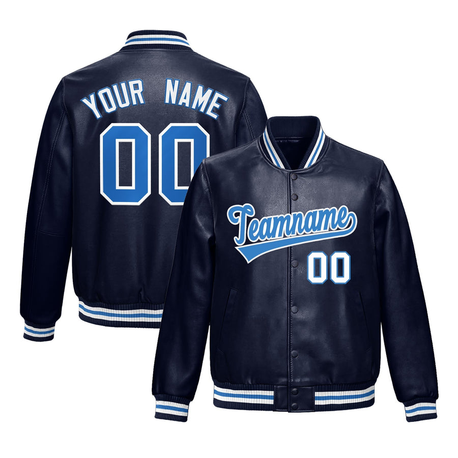 Custom Navy Light Blue Full-Snap Varsity Faux Leather Letterman Jacket | BuyFootballJersey