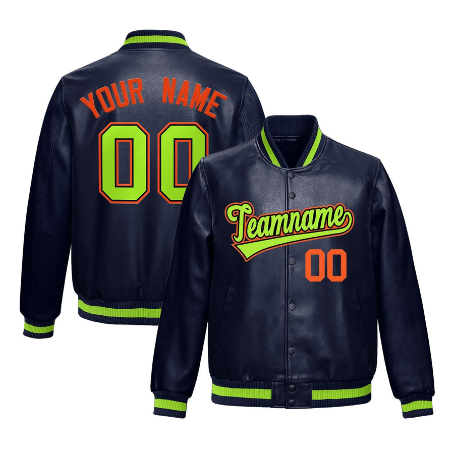 Custom Navy Neon Green Full-Snap Varsity Faux Leather Letterman Jacket | BuyFootballJersey