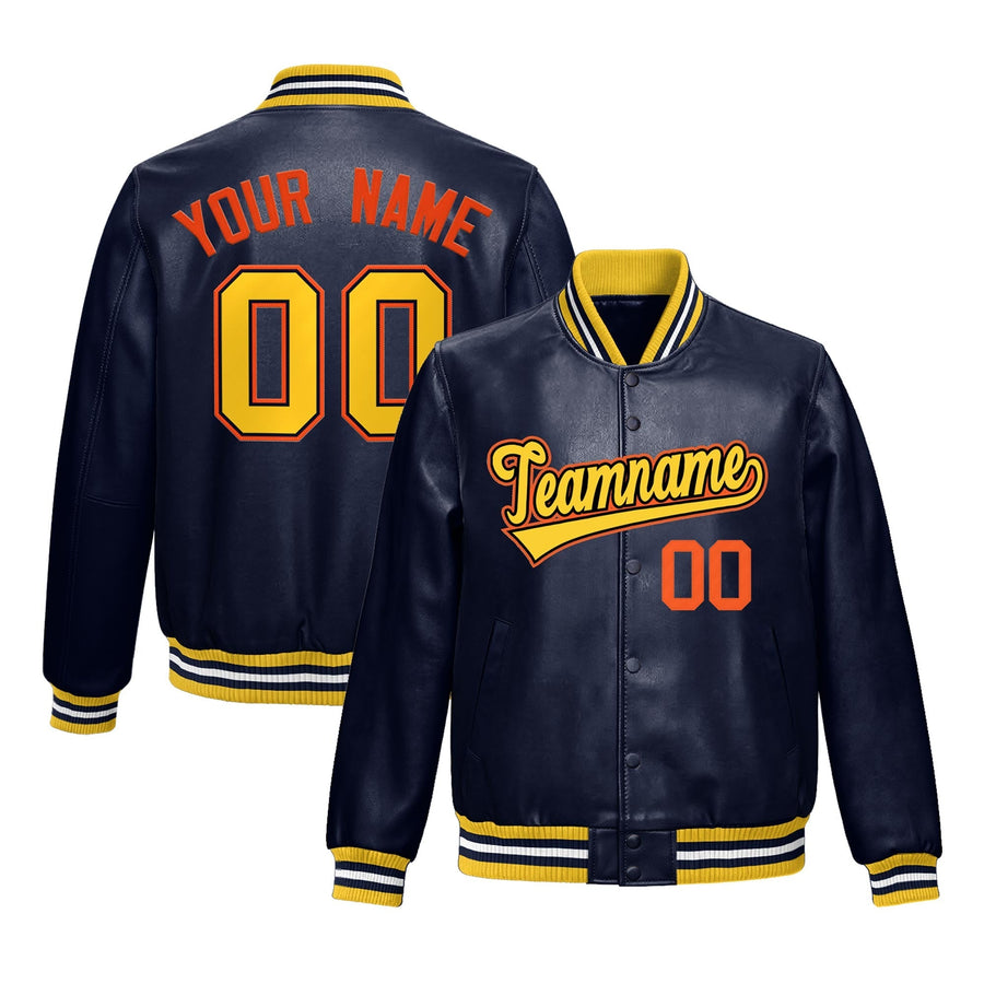 Custom Navy Gold Full-Snap Varsity Faux Leather Letterman Jacket | BuyFootballJersey