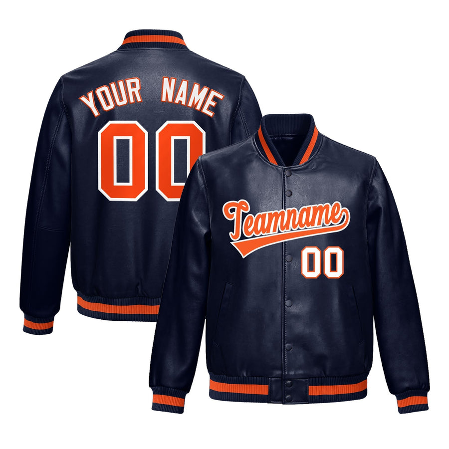 Custom Navy Orange Full-Snap Varsity Faux Leather Letterman Jacket | BuyFootballJersey