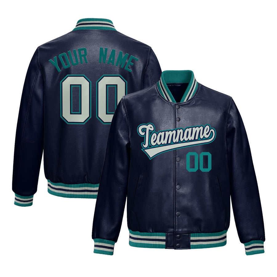 Custom Navy Teal Full-Snap Varsity Faux Leather Letterman Jacket | BuyFootballJersey
