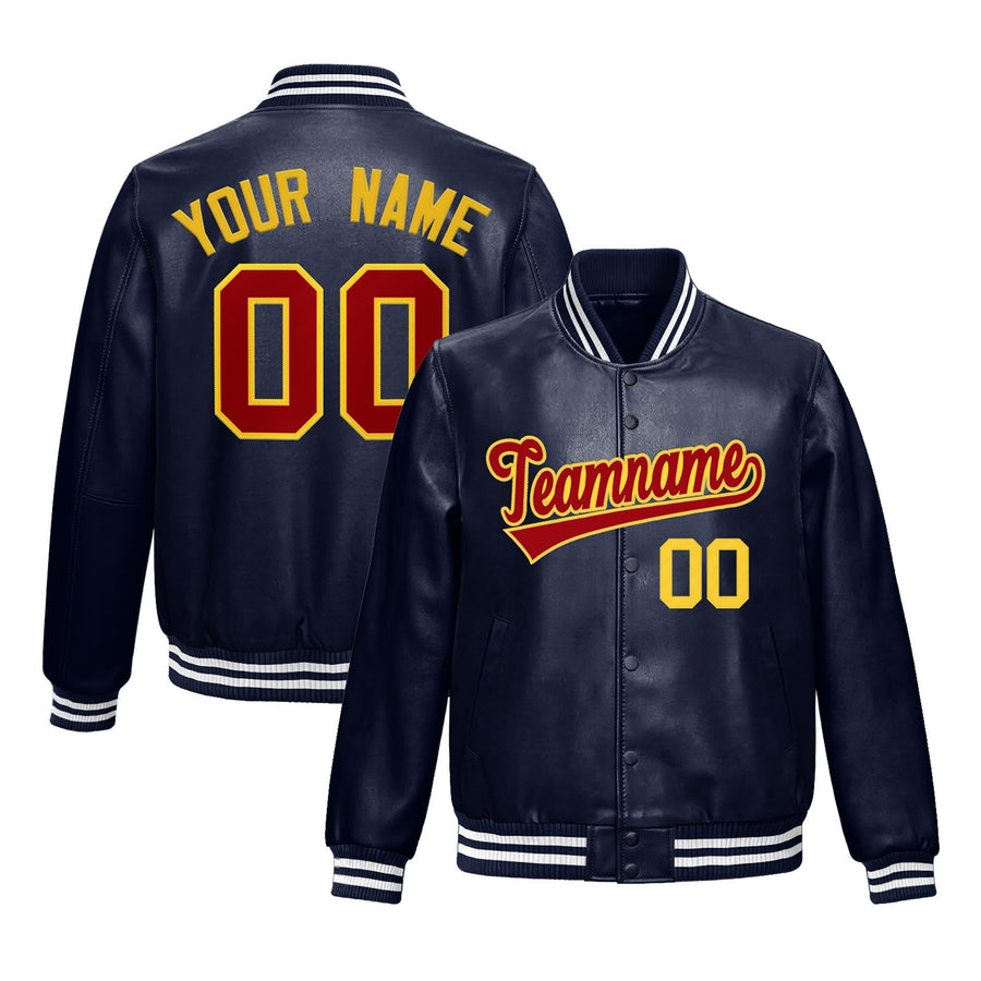 Custom Navy Red Gold Full-Snap Varsity Faux Leather Letterman Jacket | BuyFootballJersey