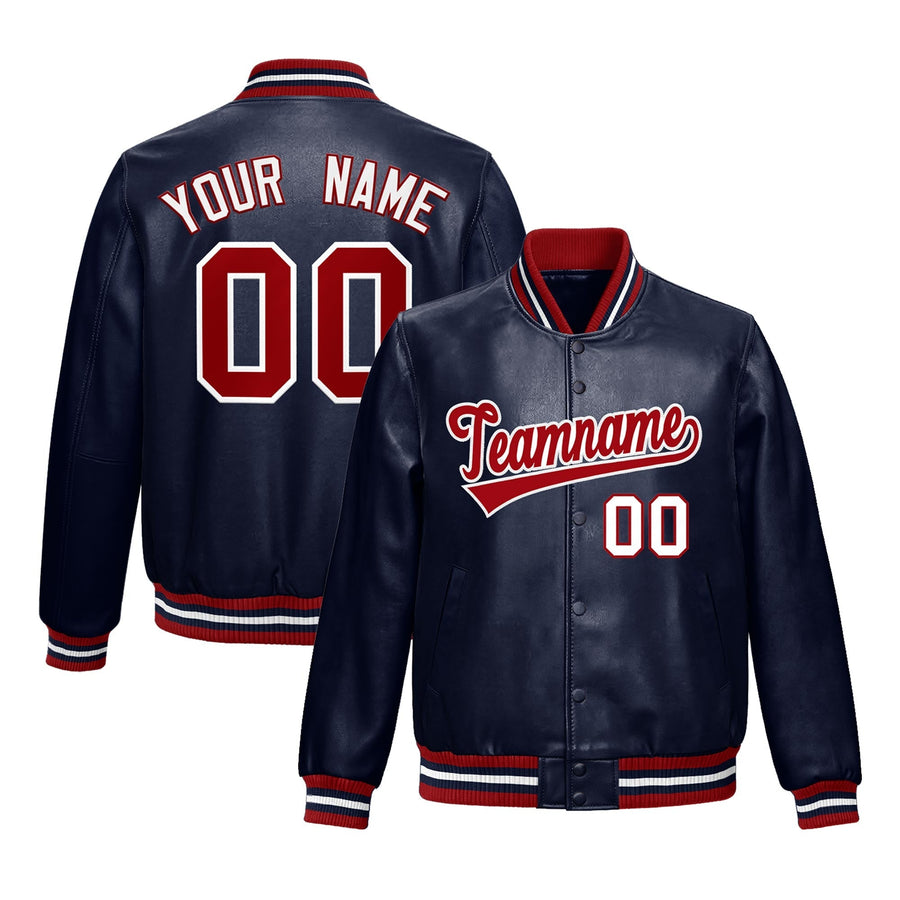 Custom Navy Red Full-Snap Varsity Faux Leather Letterman Jacket | BuyFootballJersey