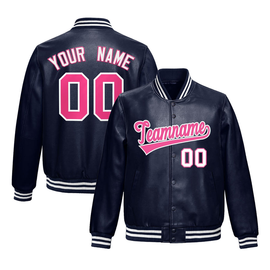 Custom Navy Pink Full-Snap Varsity Faux Leather Letterman Jacket | BuyFootballJersey