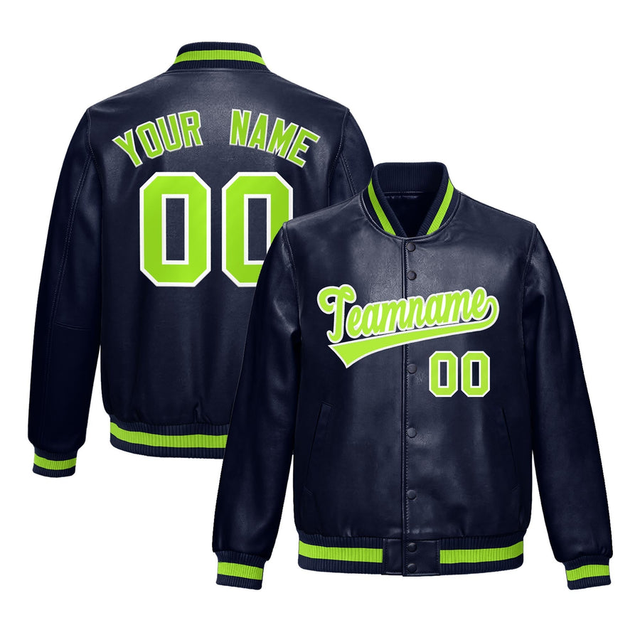 Custom Navy Neon Green White Full-Snap Varsity Faux Leather Letterman Jacket | BuyFootballJersey