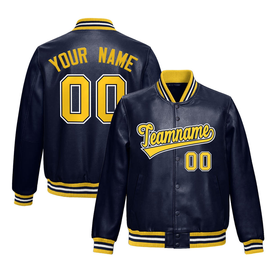 Custom Navy Yellow Full-Snap Varsity Faux Leather Letterman Jacket | BuyFootballJersey