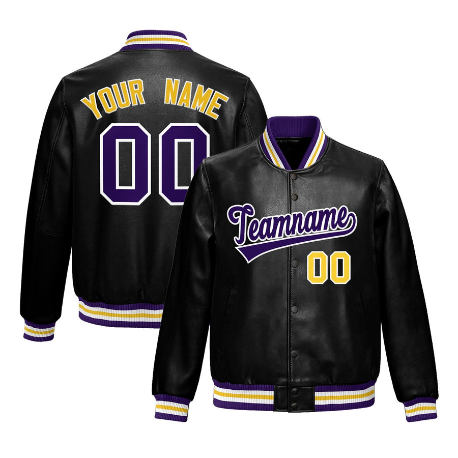 Custom Black Purple Gold Full-Snap Varsity Faux Leather Letterman Jacket | BuyFootballJersey