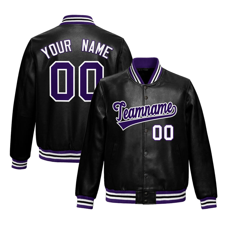 Custom Black Purple White Full-Snap Varsity Faux Leather Letterman Jacket | BuyFootballJersey