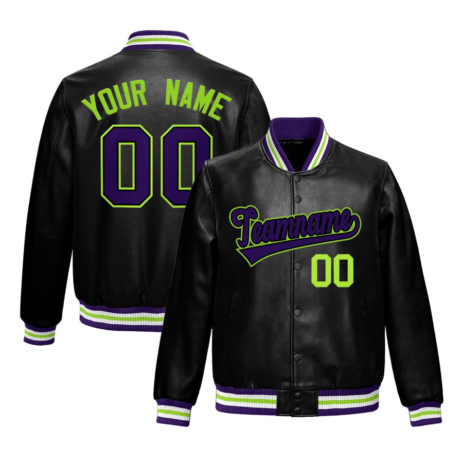 Custom Black Purple Full-Snap Varsity Faux Leather Letterman Jacket | BuyFootballJersey