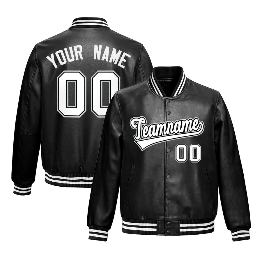 Custom White Black Full-Snap Varsity Faux Leather Letterman Jacket | BuyFootballJersey