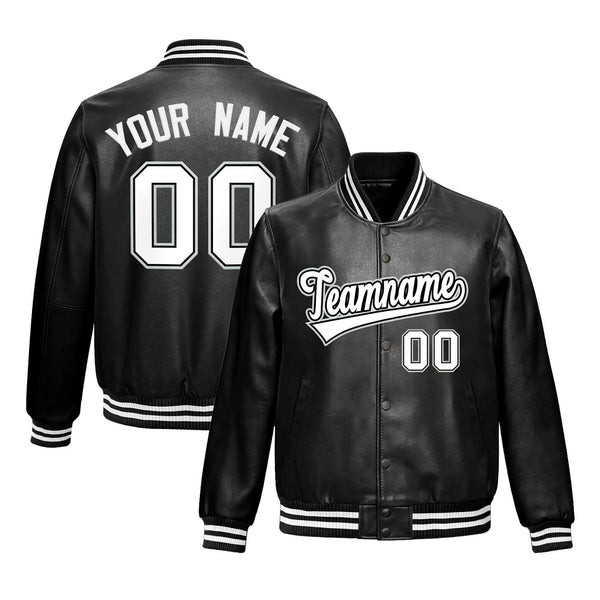 Custom White Black Full-Snap Varsity Faux Leather Letterman Jacket | BuyFootballJersey