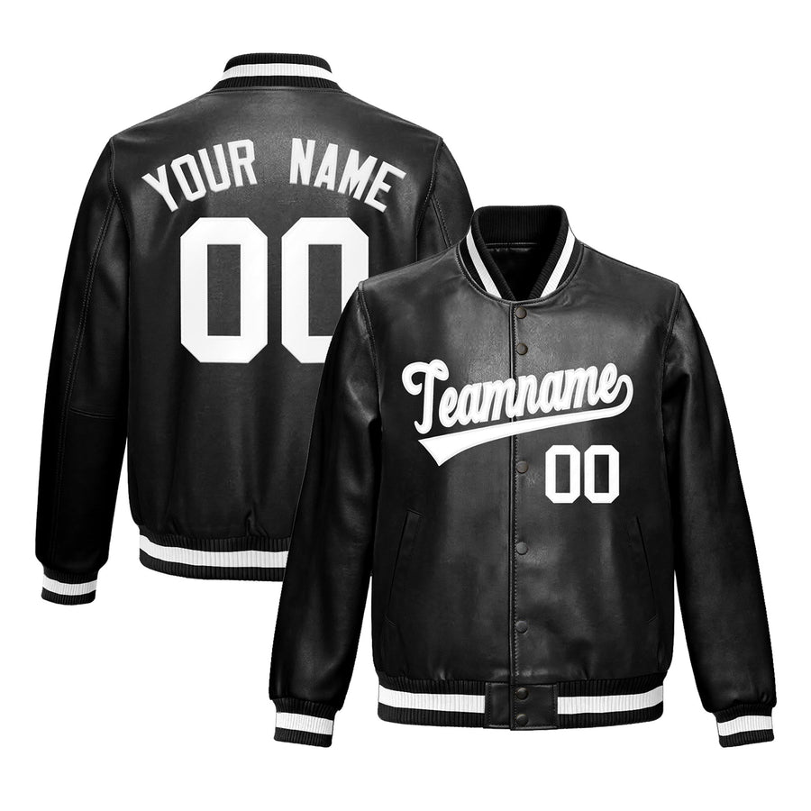 Custom Black White Full-Snap Varsity Faux Leather Letterman Jacket | BuyFootballJersey