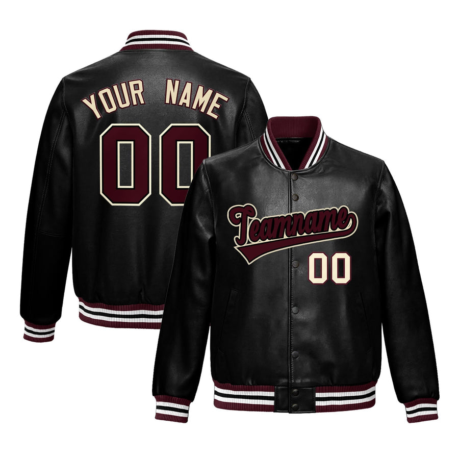 Custom Black Crimson White Full-Snap Varsity Faux Leather Letterman Jacket | BuyFootballJersey