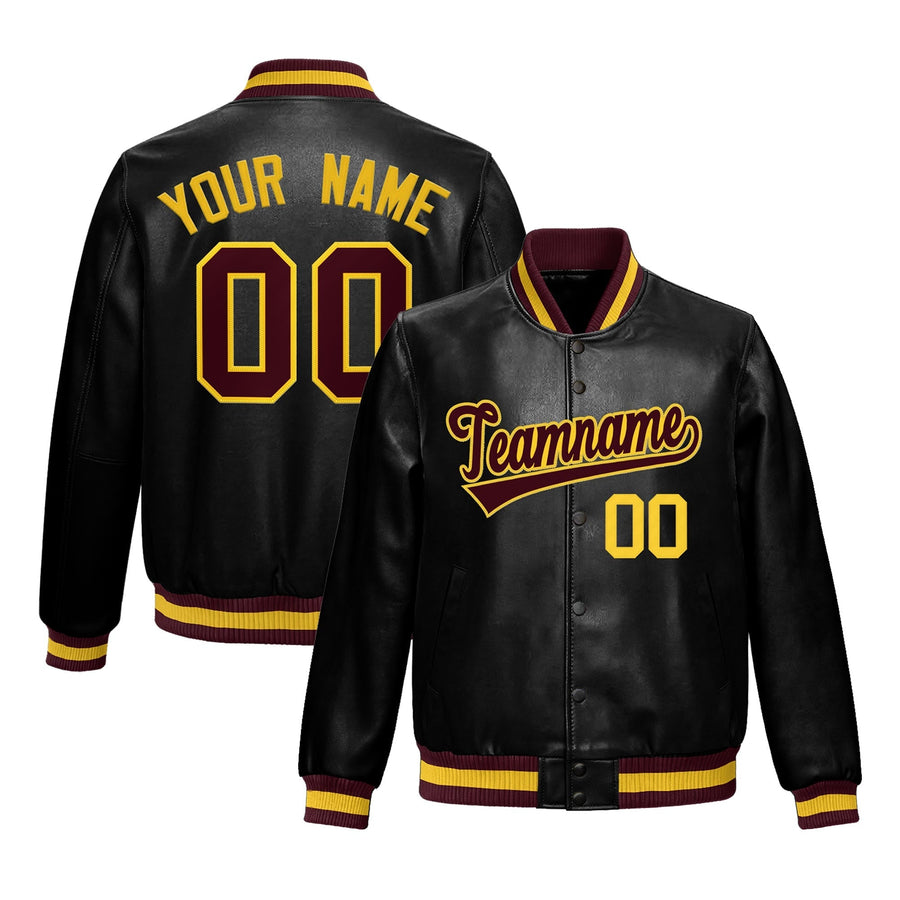 Custom Black Crimson Full-Snap Varsity Faux Leather Letterman Jacket | BuyFootballJersey