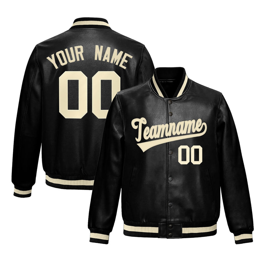 Custom Black Cream Full-Snap Varsity Faux Leather Letterman Jacket | BuyFootballJersey