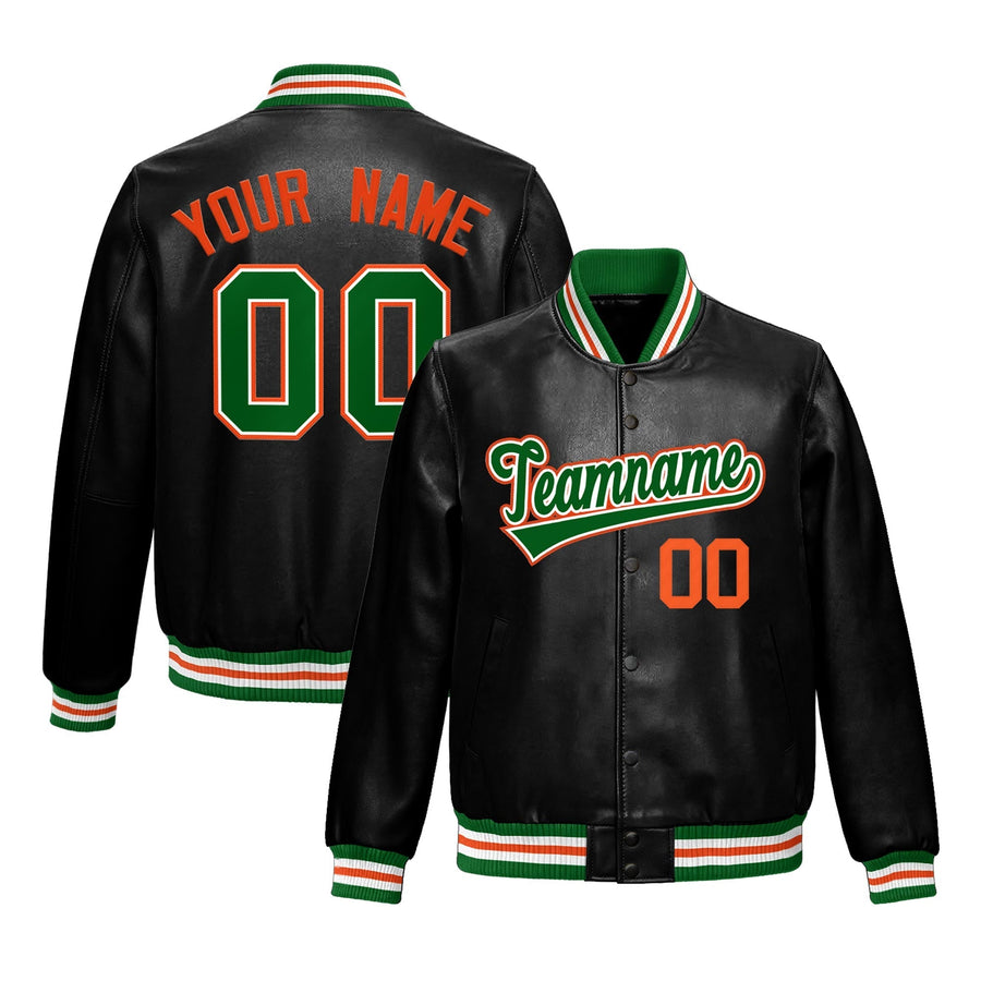 Custom Black Kelly Green Full-Snap Varsity Faux Leather Letterman Jacket | BuyFootballJersey