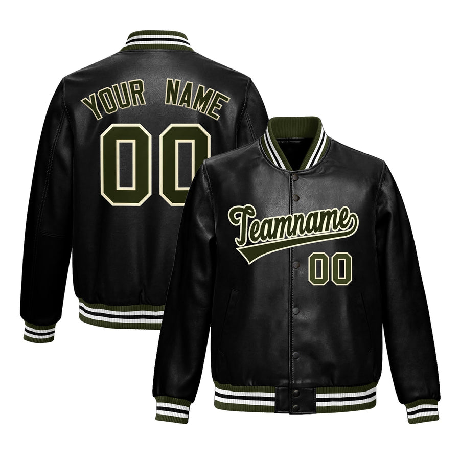 Custom Black Olive Full-Snap Varsity Faux Leather Letterman Jacket | BuyFootballJersey