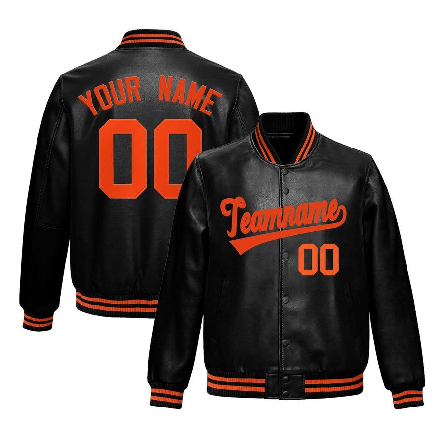 Custom Black Orange Full-Snap Varsity Faux Leather Letterman Jacket | BuyFootballJersey