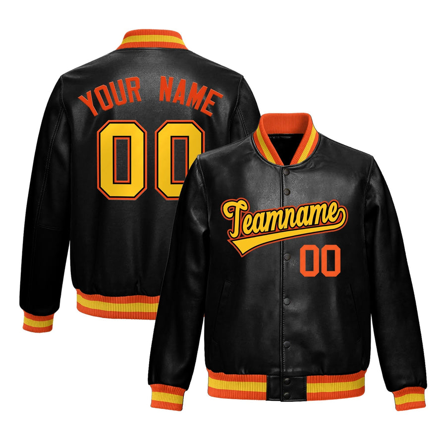 Custom Black Orange Gold Full-Snap Varsity Faux Leather Letterman Jacket | BuyFootballJersey