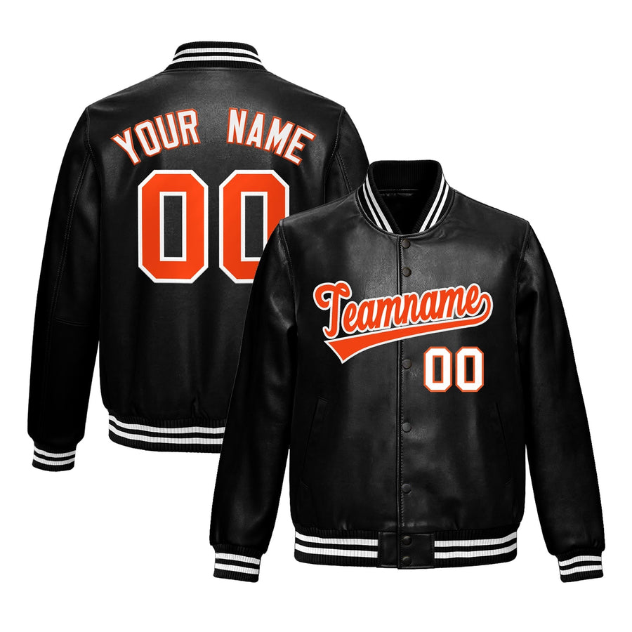 Custom Black Orange White Full-Snap Varsity Faux Leather Letterman Jacket | BuyFootballJersey