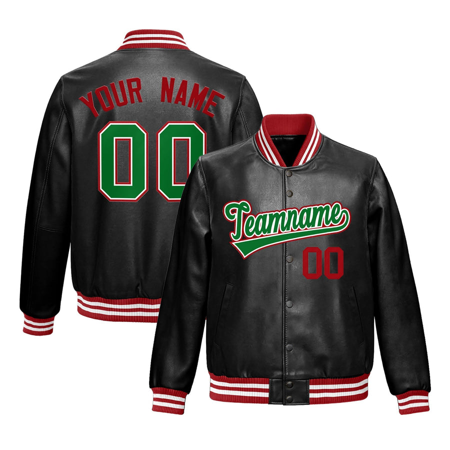 Custom Black Red Kelly Green Full-Snap Varsity Faux Leather Letterman Jacket | BuyFootballJersey