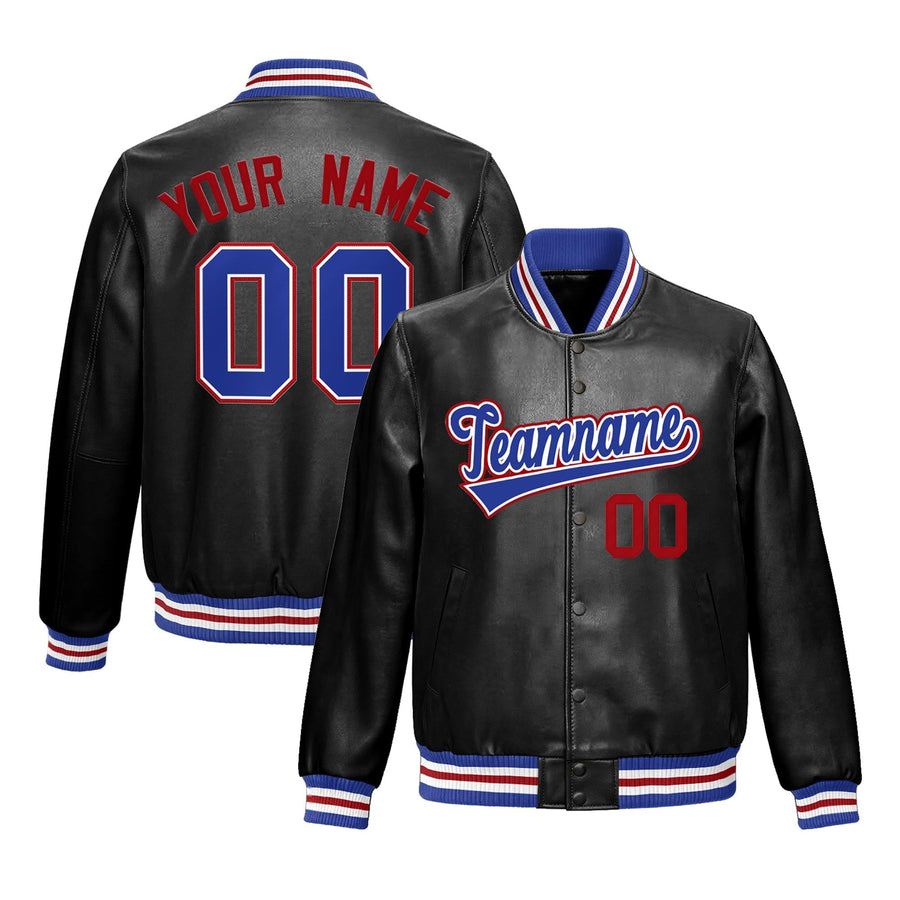 Custom Black Royal Blue Full-Snap Varsity Faux Leather Letterman Jacket | BuyFootballJersey
