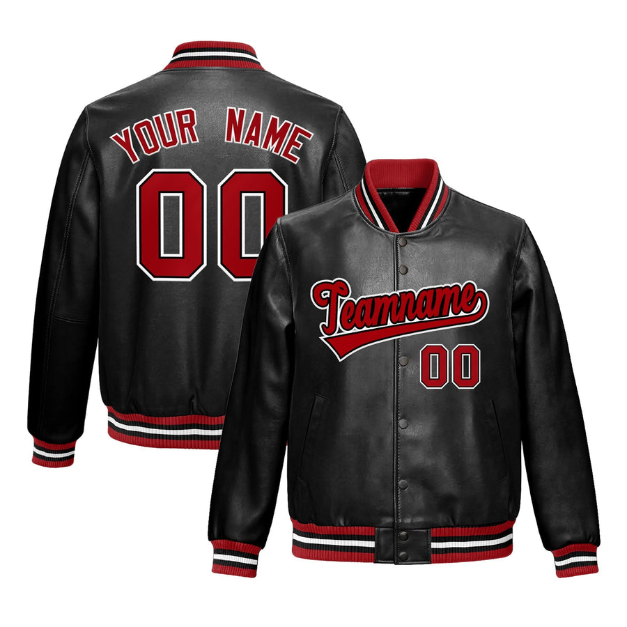 Custom Black Red Full-Snap Varsity Faux Leather Letterman Jacket | BuyFootballJersey