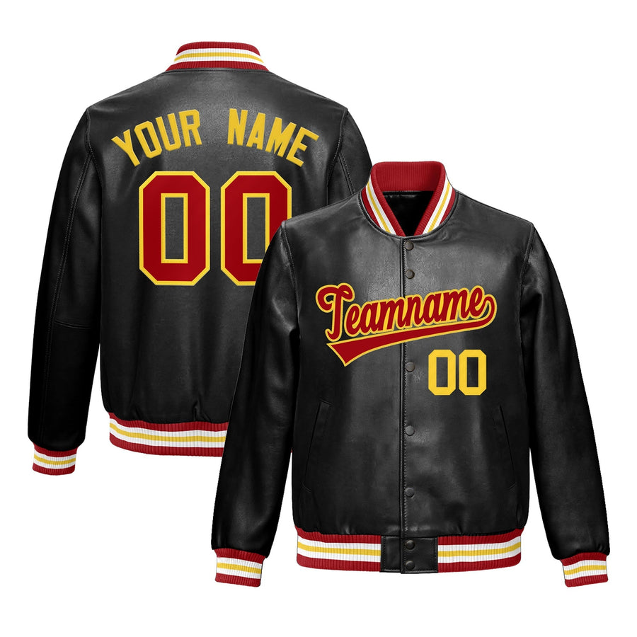 Custom Black Red Gold Full-Snap Varsity Faux Leather Letterman Jacket | BuyFootballJersey