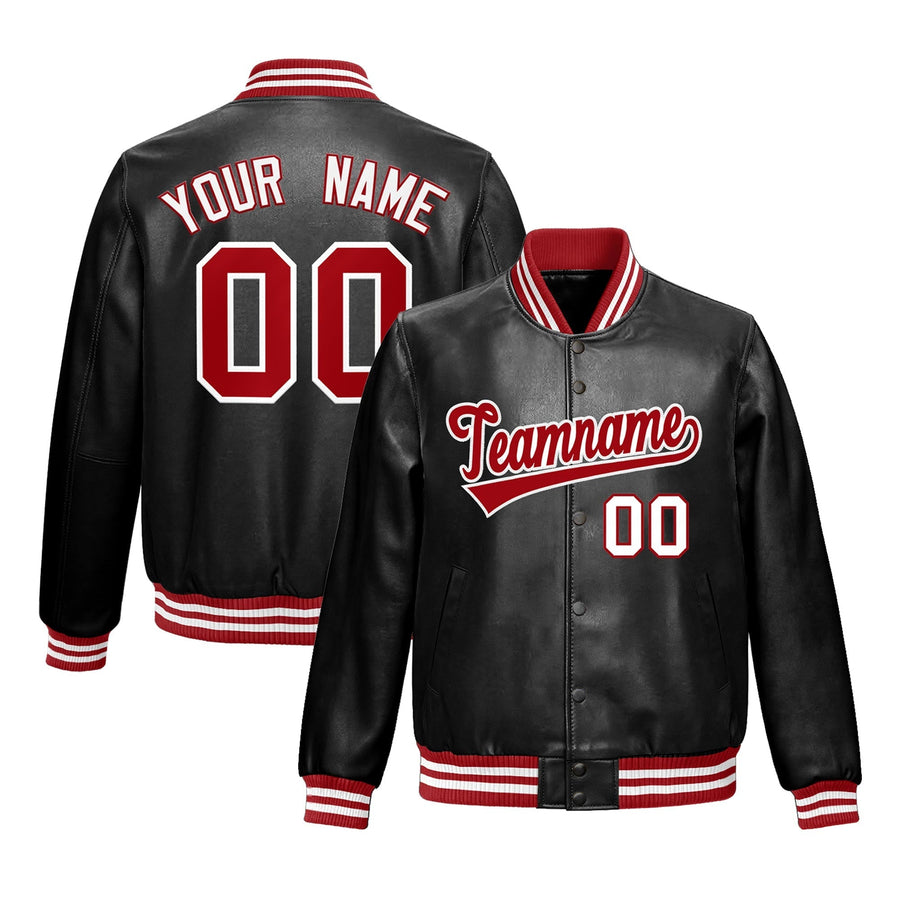 Custom Black Red White Full-Snap Varsity Faux Leather Letterman Jacket | BuyFootballJersey
