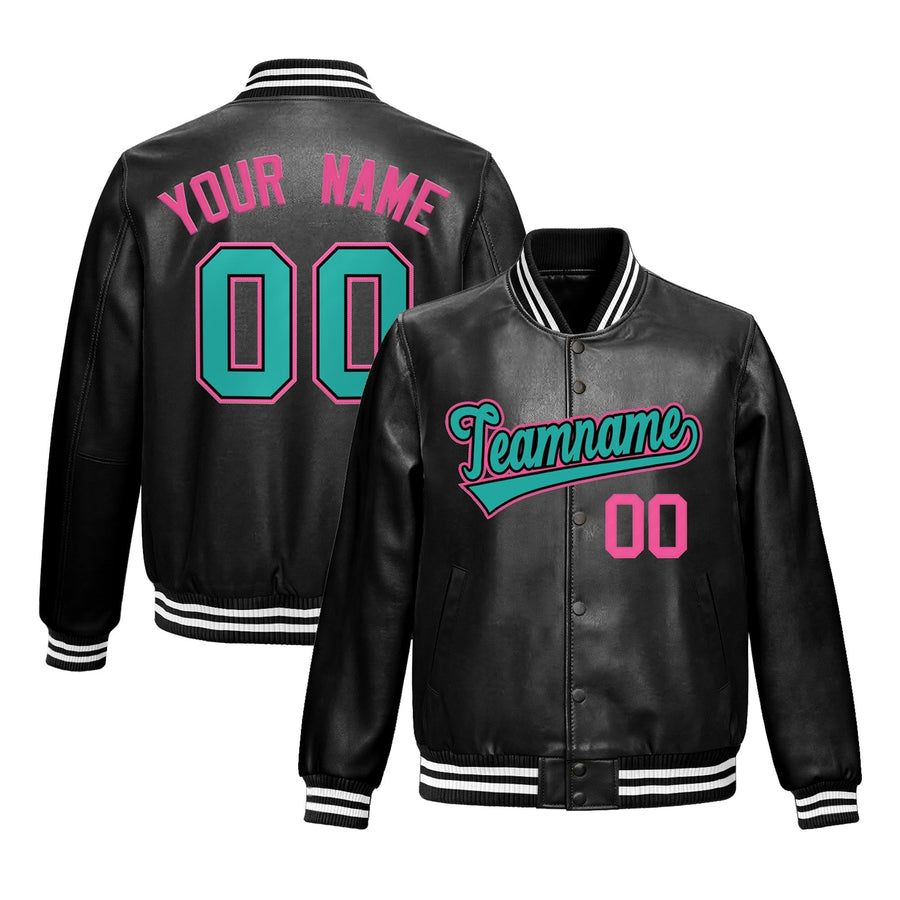 Custom Black Aqua Full-Snap Varsity Faux Leather Letterman Jacket | BuyFootballJersey