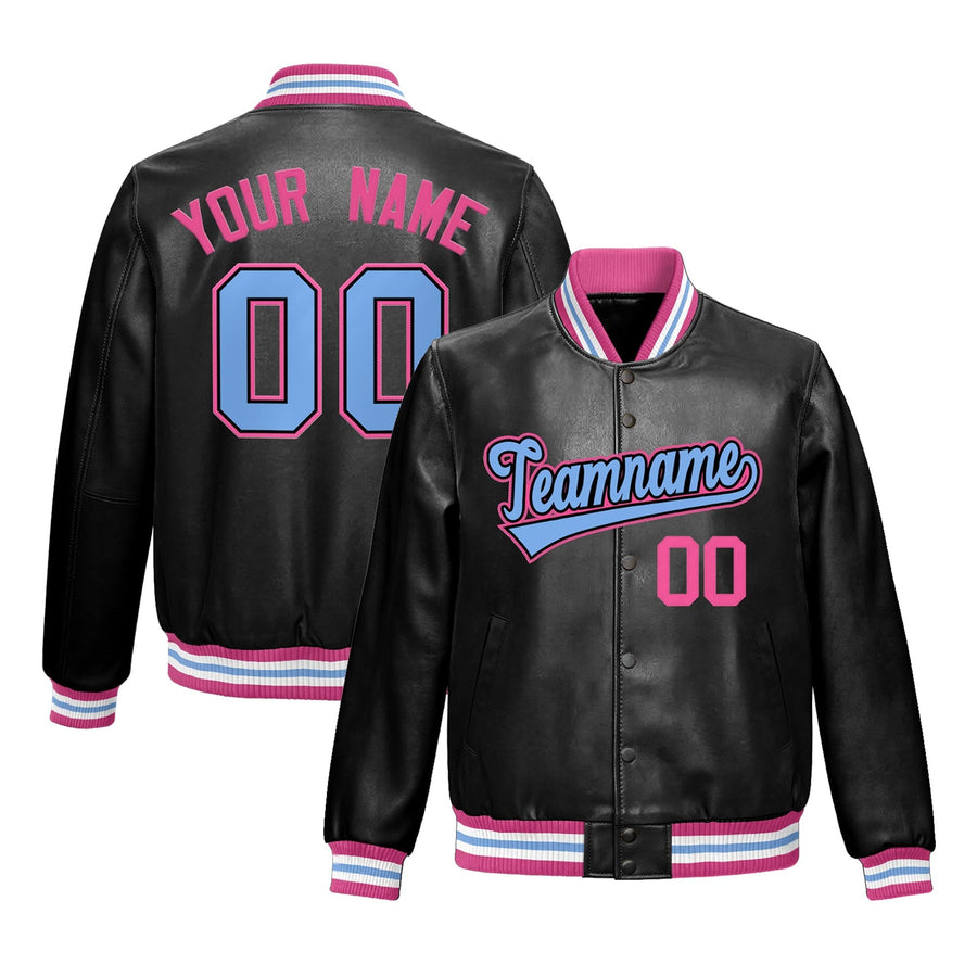 Custom Black Pink Full-Snap Varsity Faux Leather Letterman Jacket | BuyFootballJersey