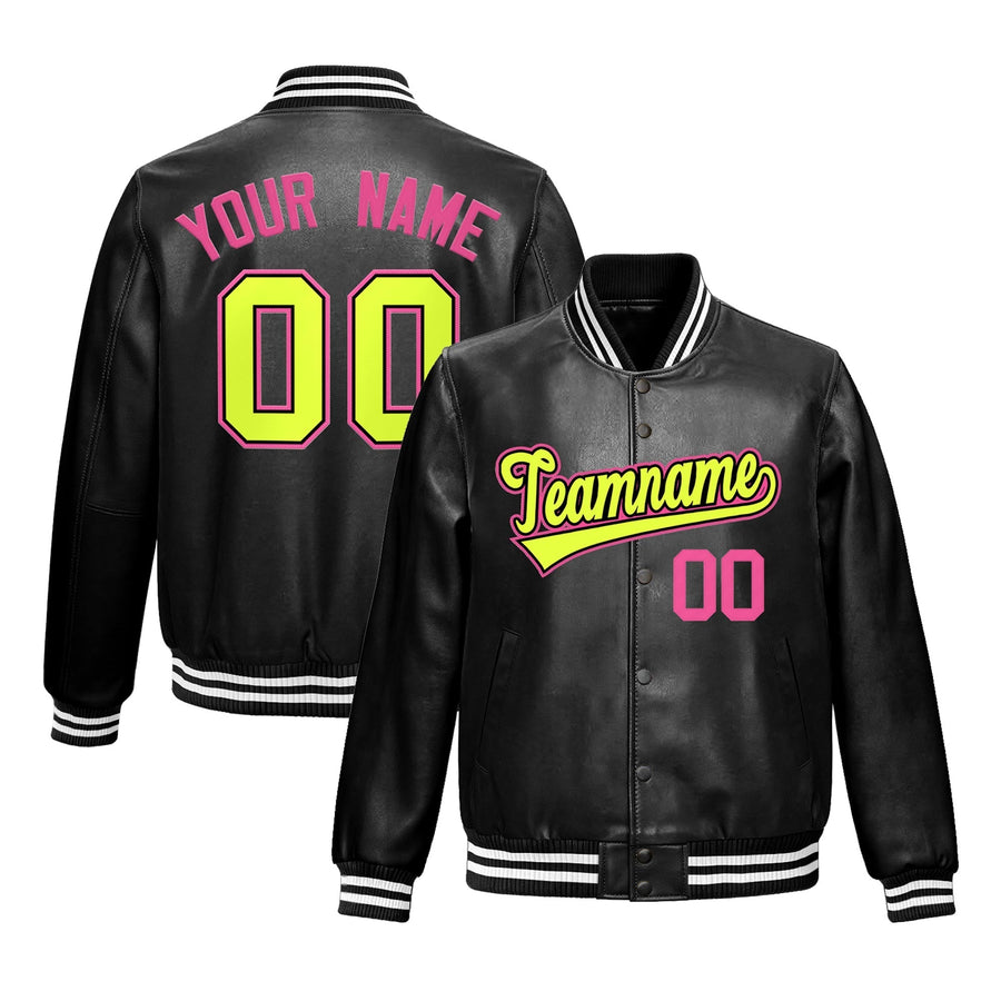 Custom Black Fluorescent Green Full-Snap Varsity Faux Leather Letterman Jacket | BuyFootballJersey