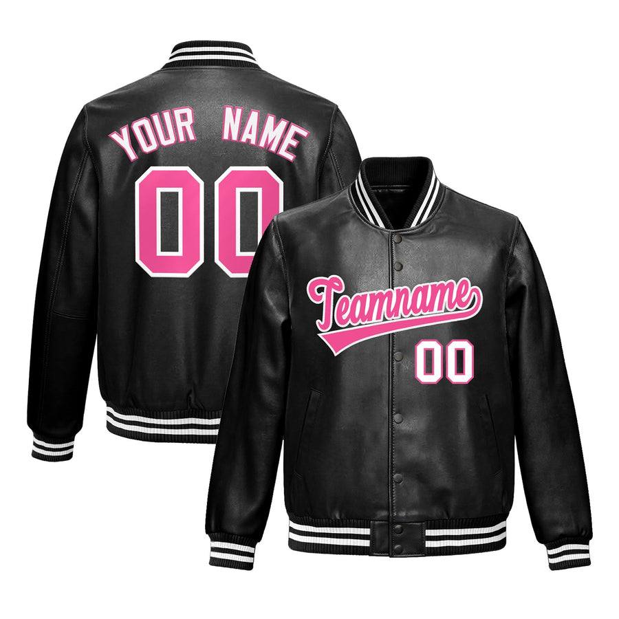 Custom Black Pink White Full-Snap Varsity Faux Leather Letterman Jacket | BuyFootballJersey