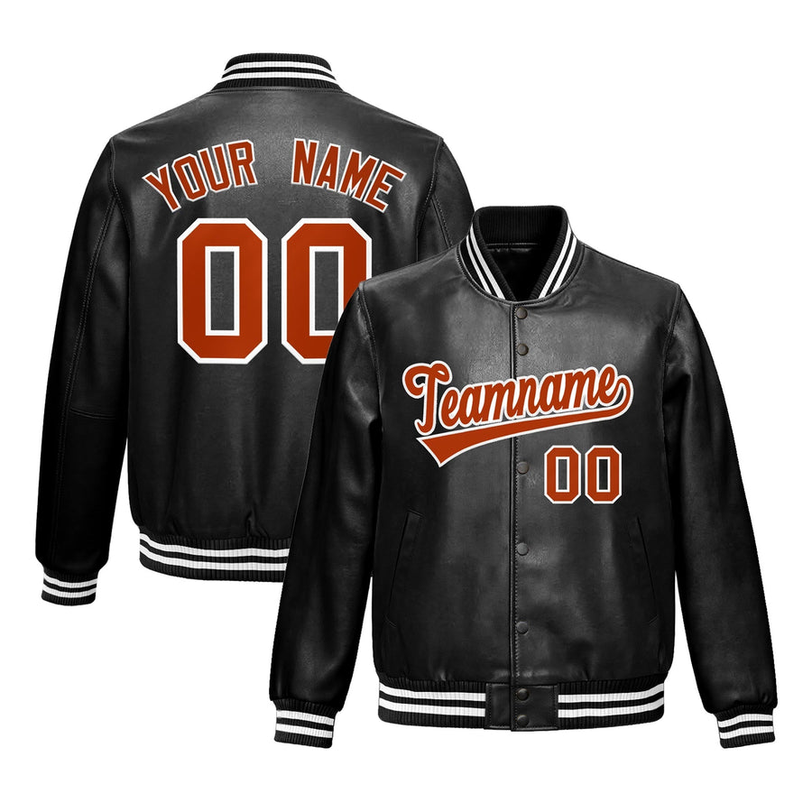 Custom Black Dark Orange White Full-Snap Varsity Faux Leather Letterman Jacket | BuyFootballJersey