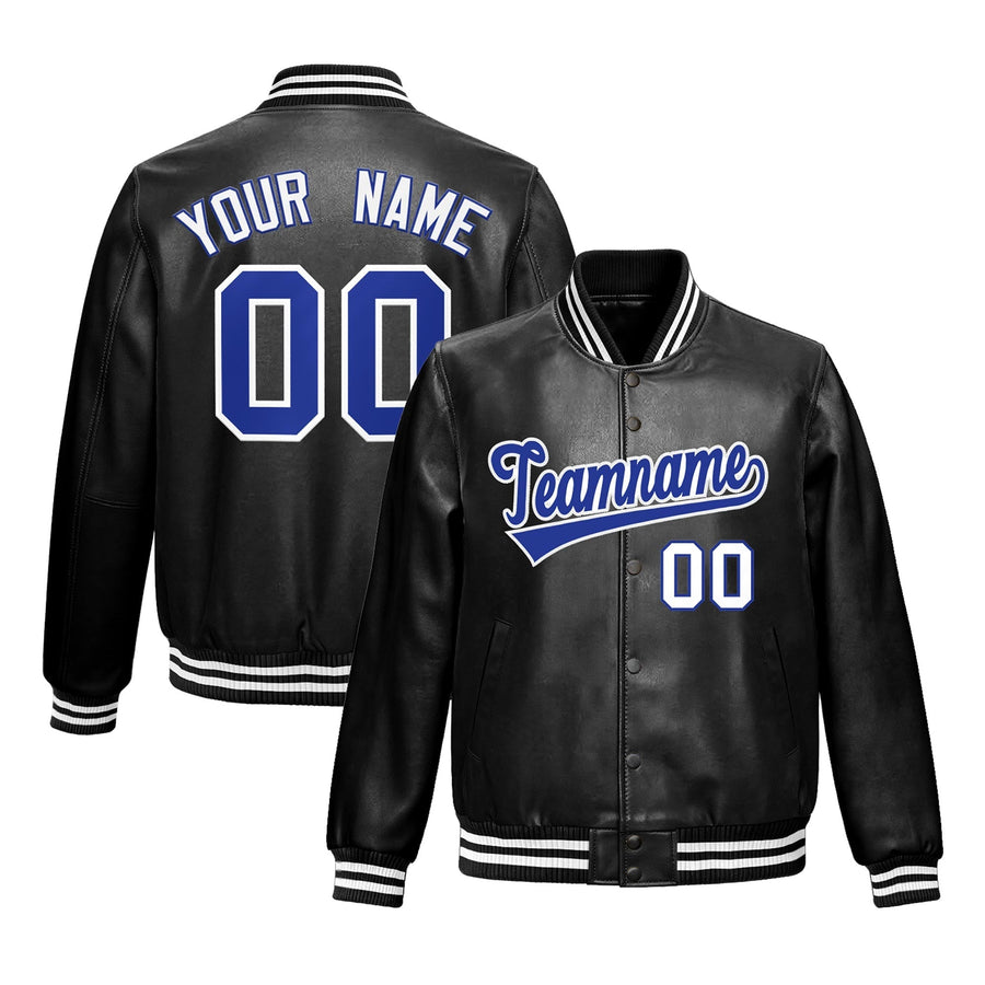 Custom Black Royal Blue White Full-Snap Varsity Faux Leather Letterman Jacket | BuyFootballJersey