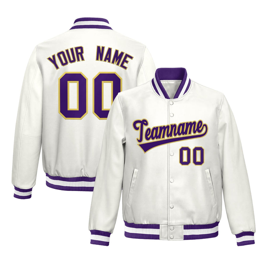 Custom Purple White Full-Snap Varsity Faux Leather Letterman Jacket | BuyFootballJersey