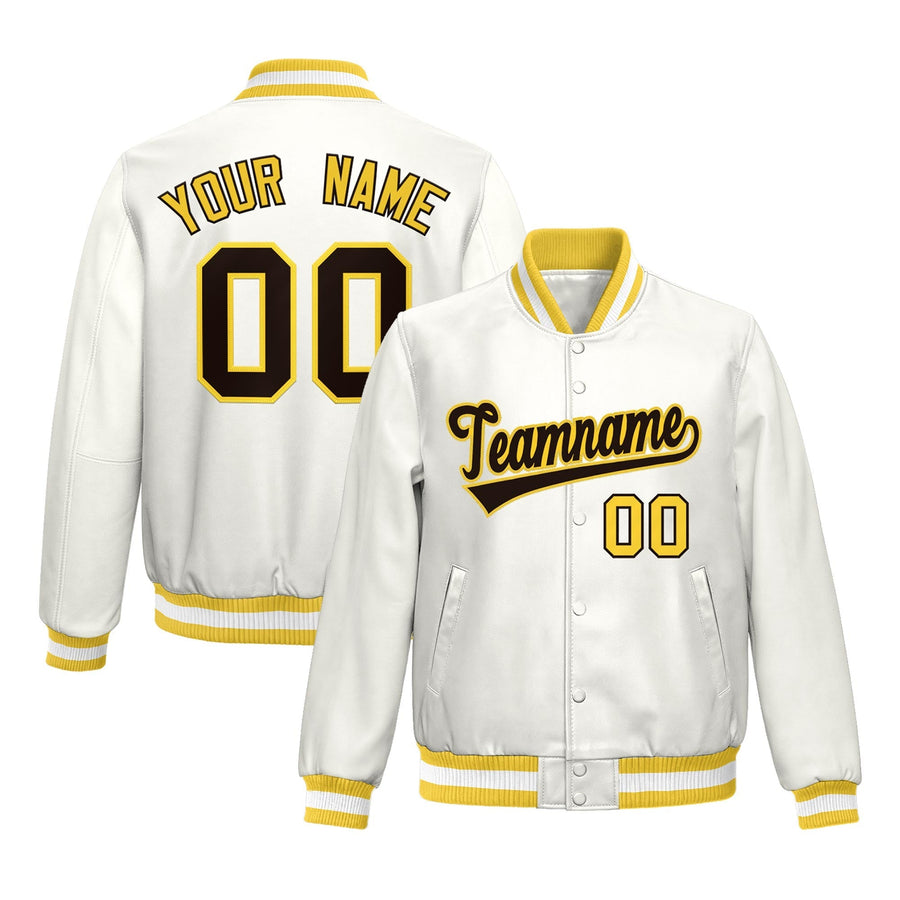 Custom Gold White Full-Snap Varsity Faux Leather Letterman Jacket | BuyFootballJersey