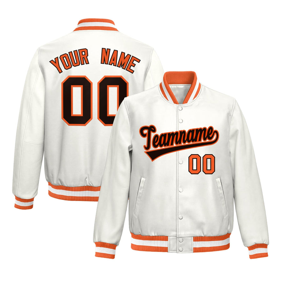 Custom Orange White Full-Snap Varsity Faux Leather Letterman Jacket | BuyFootballJersey