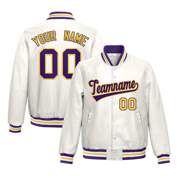 Custom White Purple Yellow Full-Snap Varsity Faux Leather Letterman Jacket | BuyFootballJersey