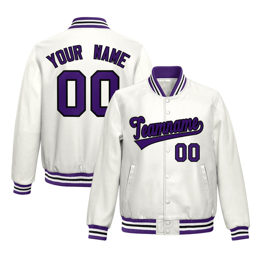 Custom White Purple Full-Snap Varsity Faux Leather Letterman Jacket | BuyFootballJersey