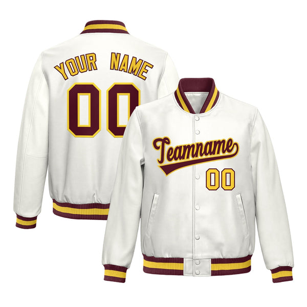 Custom White Crimson Yellow Full-Snap Varsity Faux Leather Letterman Jacket | BuyFootballJersey