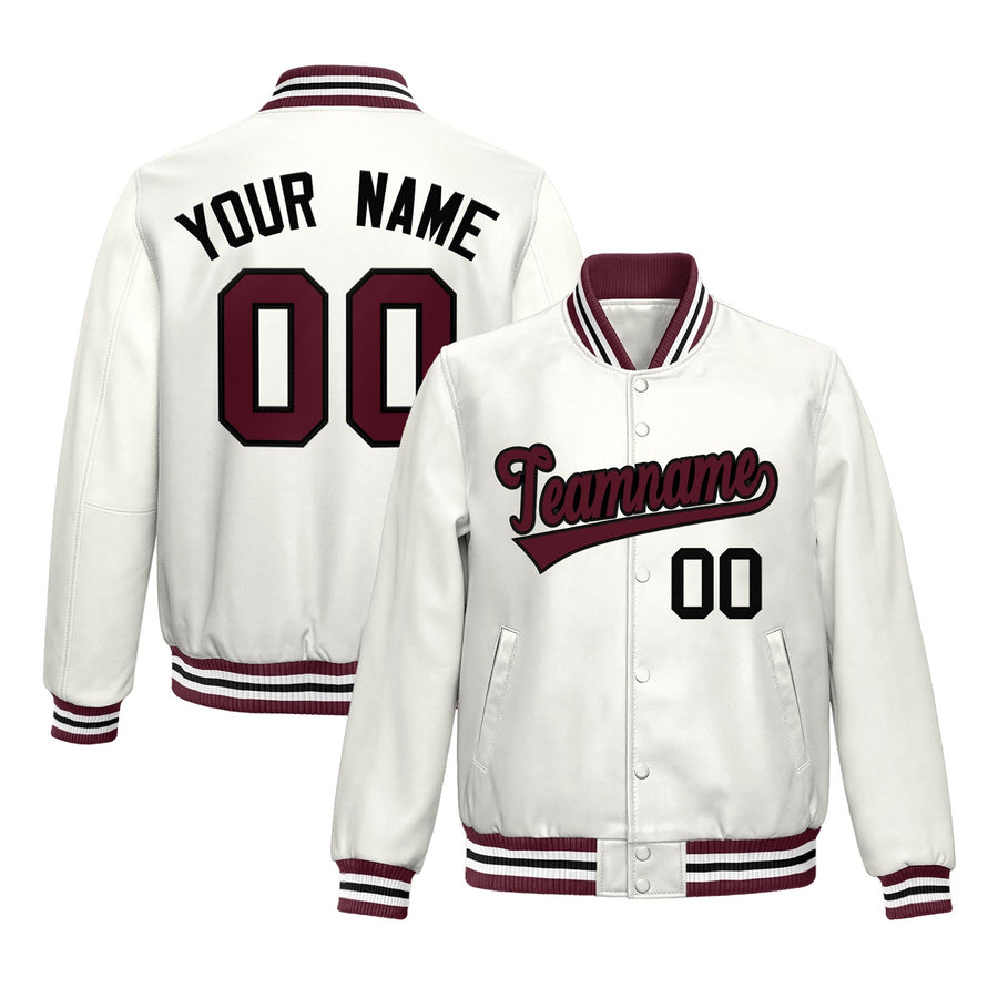 Custom White Crimson Full-Snap Varsity Faux Leather Letterman Jacket | BuyFootballJersey